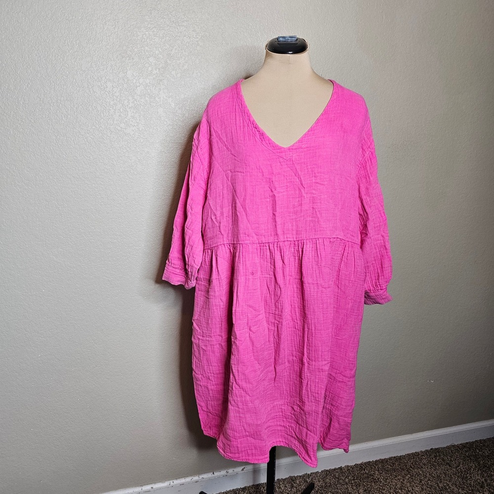 Simply Southern Hot Pink Cotton Gauze Babydoll V-Neck Dress XXL Short Sleeve